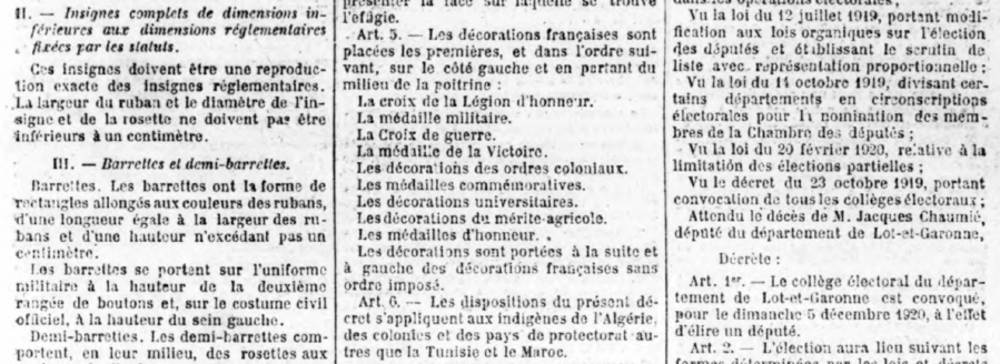 ordre de port des médailles françaises dans le décret de 1920