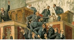 Le Général André est frappé au visage lors d'une séance à la Chambre - Gravure