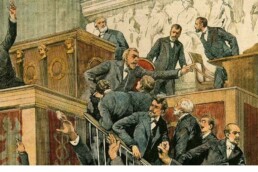 Le Général André est frappé au visage lors d'une séance à la Chambre - Gravure